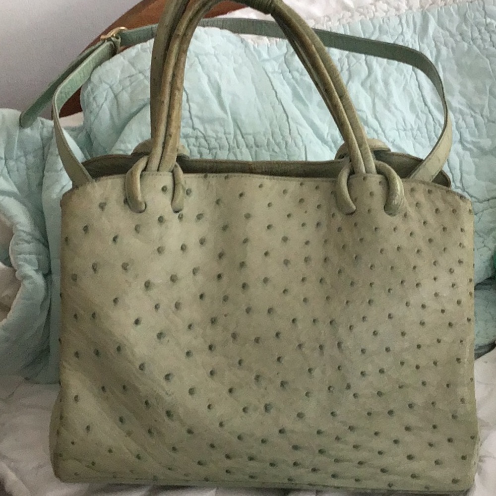 Large light green ostrich leather bag